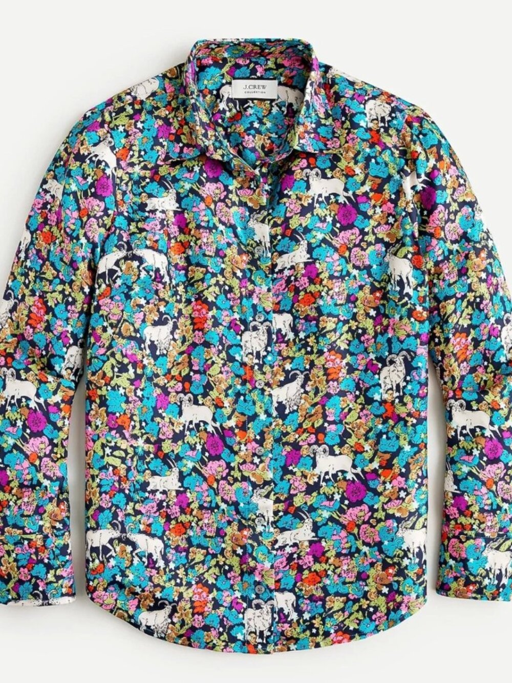 J.Crew Collection Silk Grazing Goats Floral Print Button Down Top Blue Multi 12